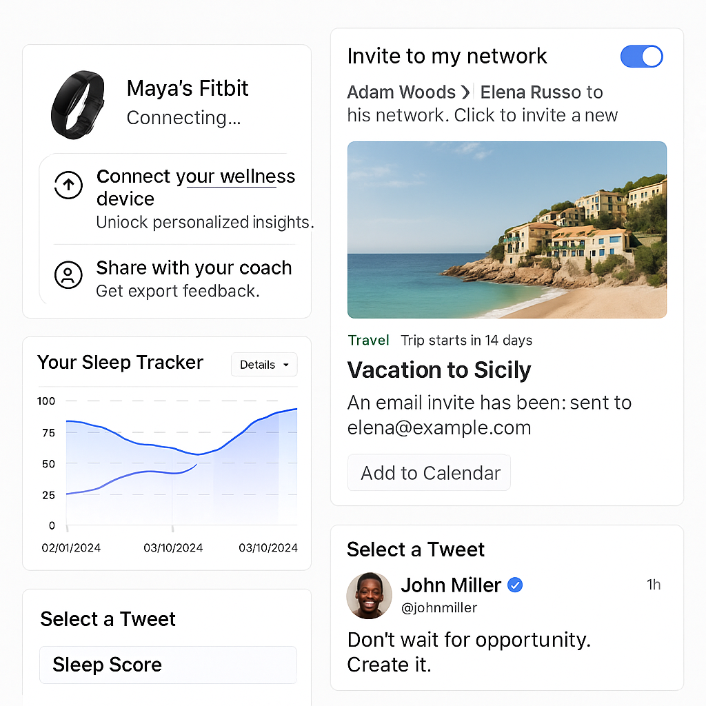 Design examples showing various UI interfaces including fitness tracking, sleep monitoring, network invitations, travel planning, and social media integration